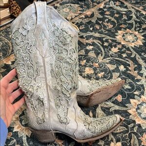 Embroidered Silver Heeled Boots